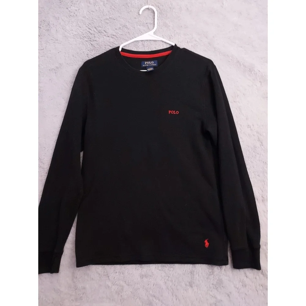 Polo Ralph Lauren Shirt Mens Medium Waffle Knit Thermal Black Red Pony Sleepwear